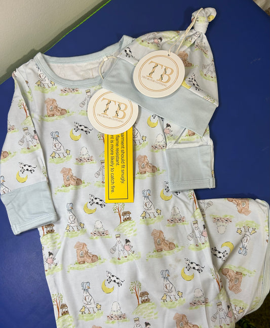 Boys Nursery Rhyme Knotted Gown + Hat